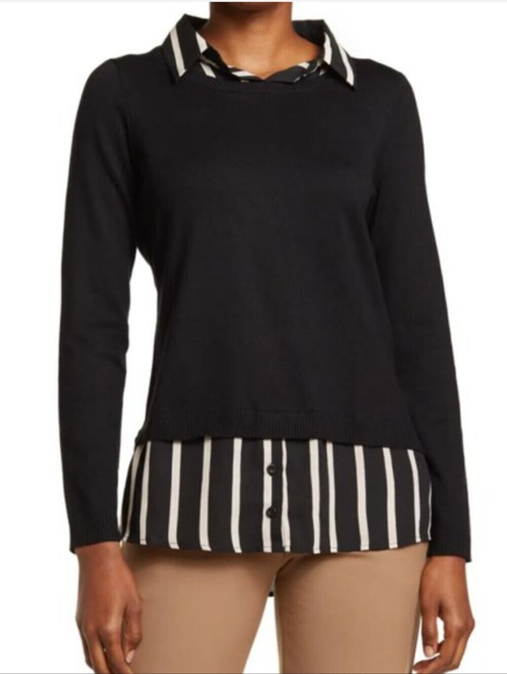 Adrianna Papell Black Layered Sweater with Black & White Striped Shirt Detail_M